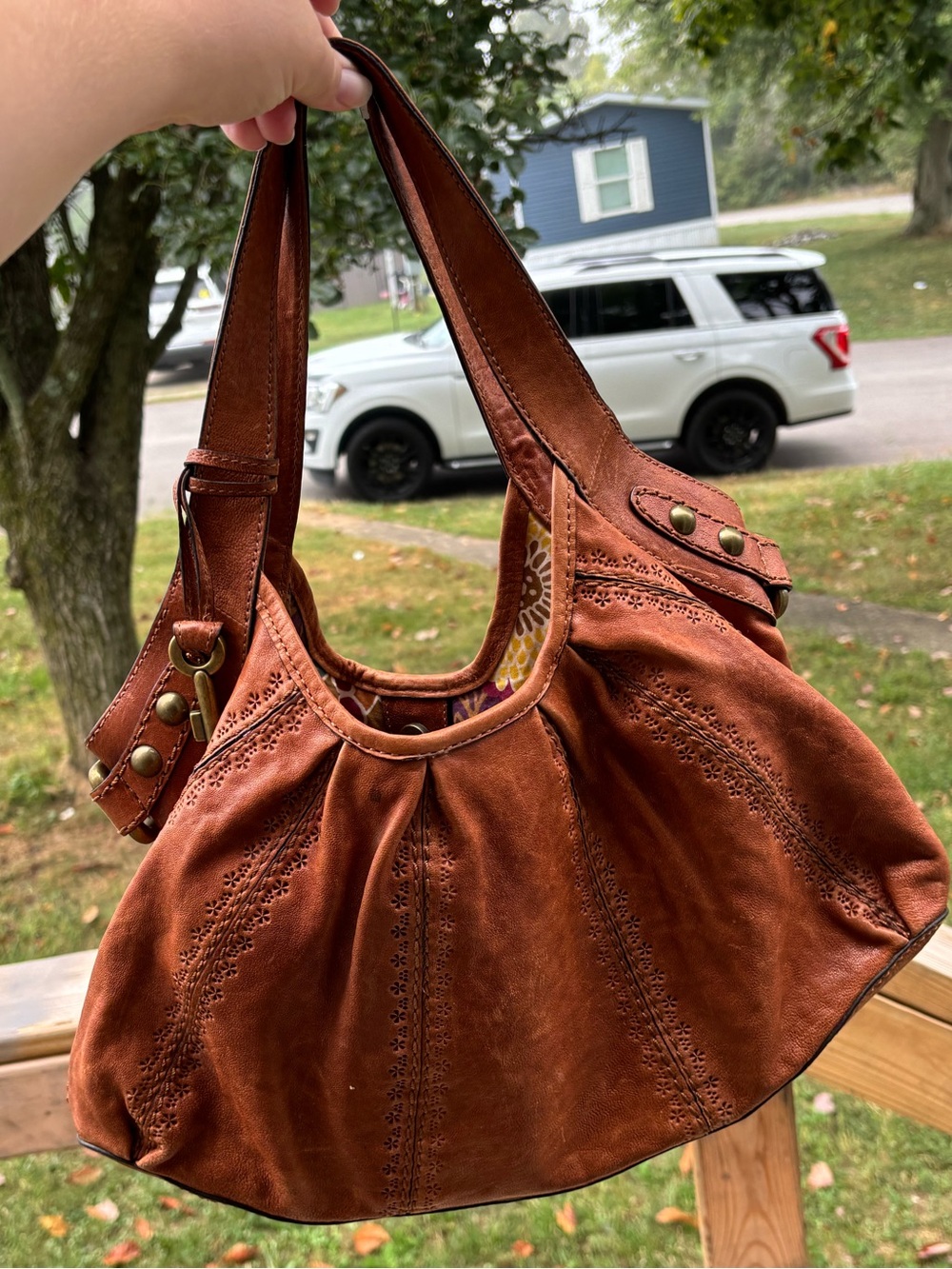 Vintage Fossil Talita Tooled Leather Hobo Bag Burnt Orange Boho